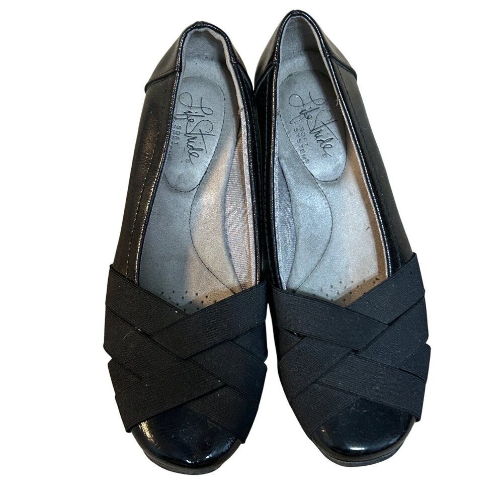 LifeStride Womens Black Patent Slip-On Flats With Elastic Straps 6 LIFE-BLACK-6